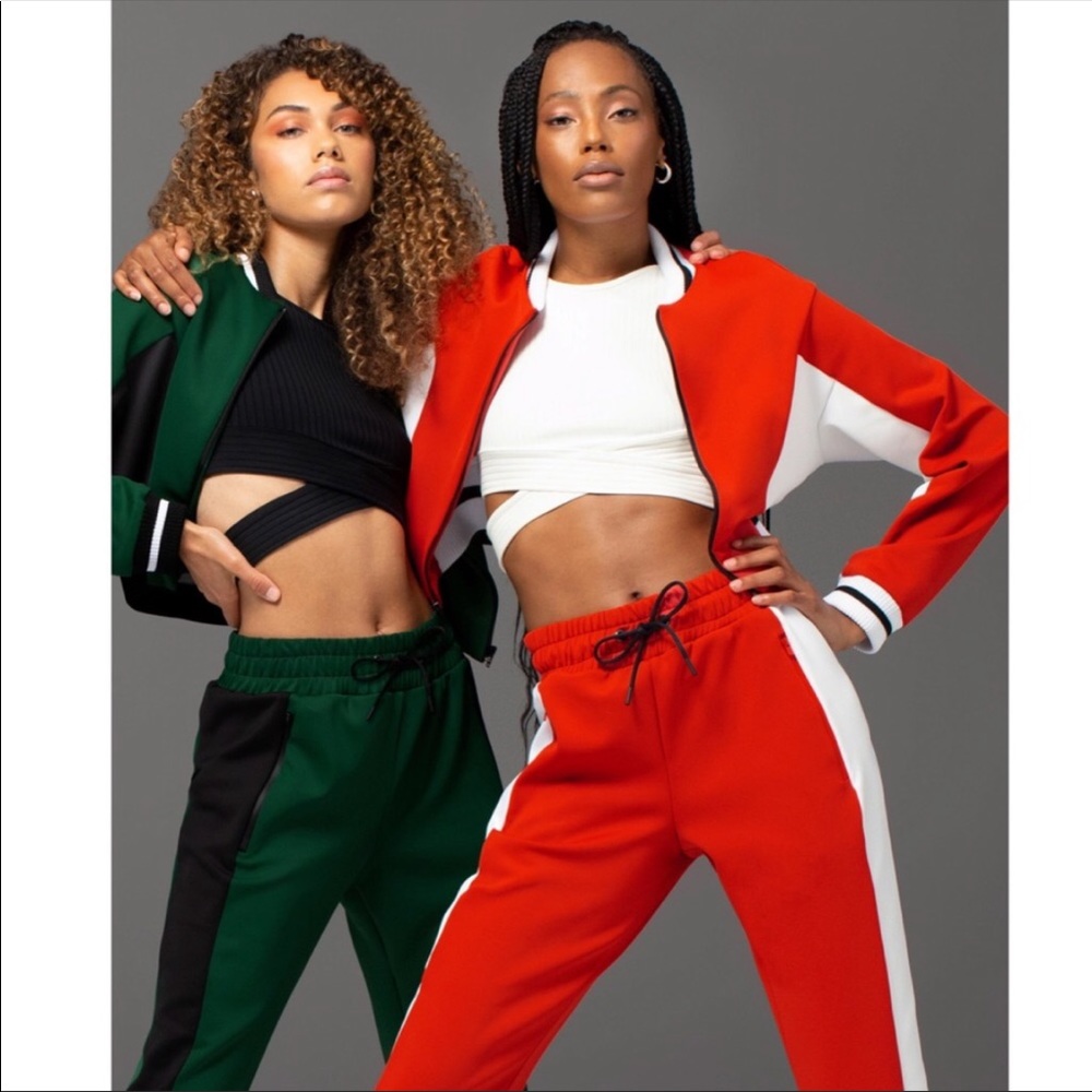 MICHI Carve Jacket Cropped Scuba Ribbed Track Colorblock Stripe Pine Green Black - Picture 4 of 15